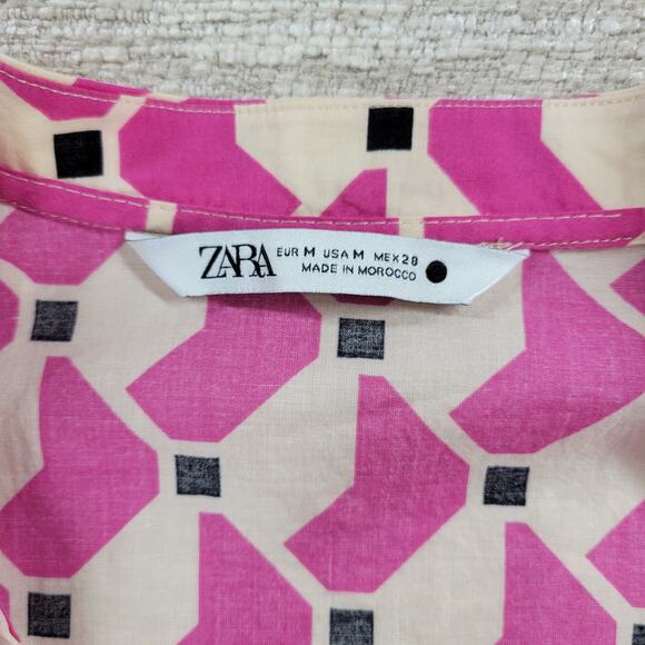 Zara Geometric Babydoll Dress Womens Medium Pink High Low Tunic Tiered Loose Fit - Picture 2 of 13